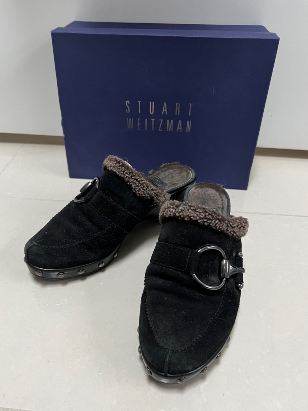 Stuart Weitzman Black Suede Shearling-Trim Mule with Metal Ring